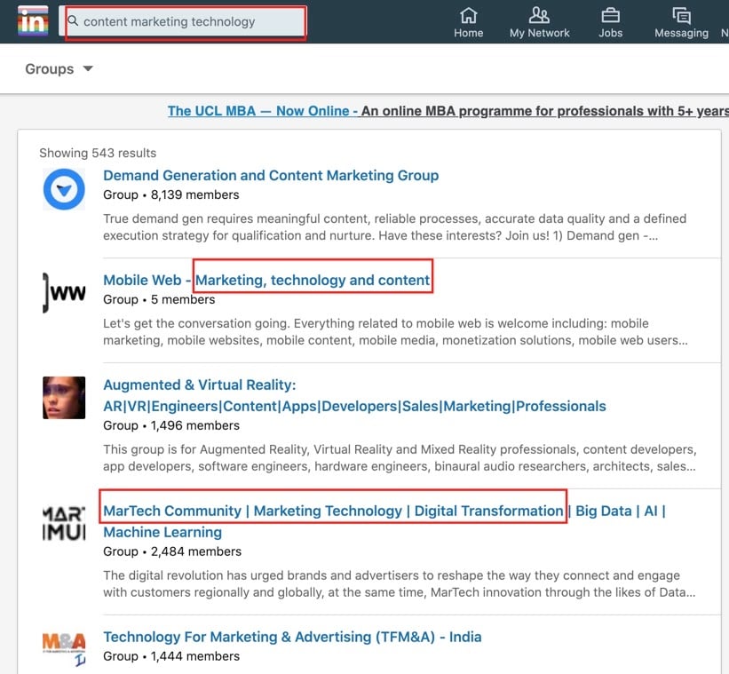 LinkedIn groups on content marketing technology