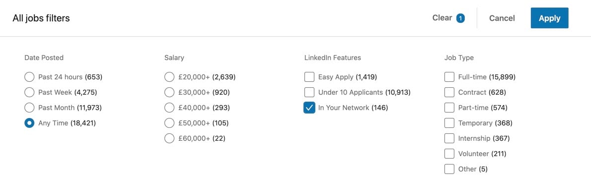 Job filters in LinkedIn