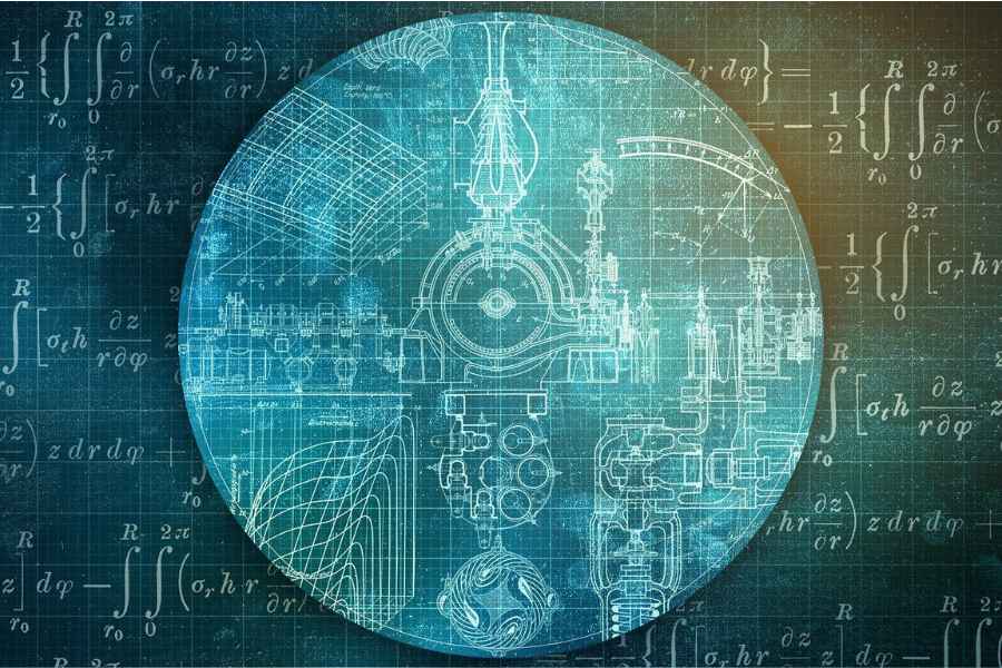 A blue-green circle of engineering drawings and formulas