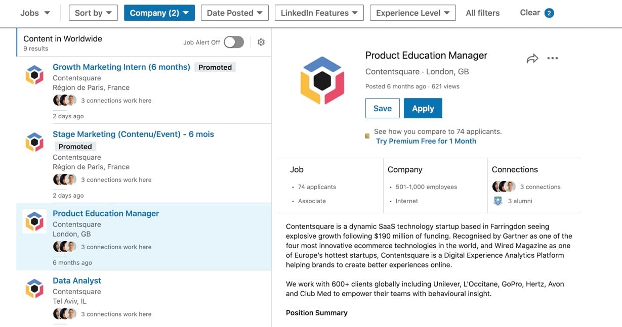 Example job on Contentsquare's LinkedIn page