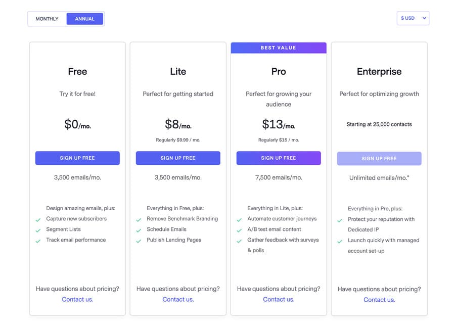 benchmark email marketing tools pricing page