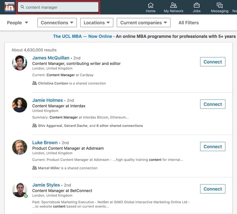 Search for new connections on LinkedIn