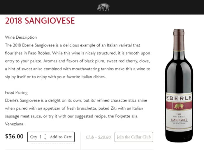 persuasive copy eberle winery product description webpage