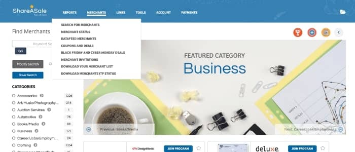 Screenshot ShareASale Merchant Menu