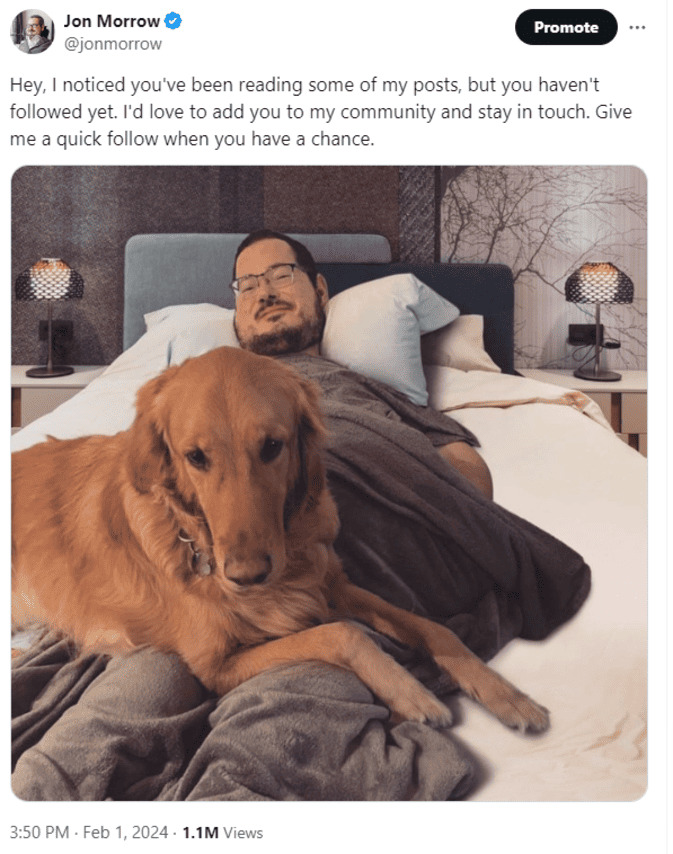 Jon Morrow's image ad on Twitter/X. Jon is lying on his bed with his golden retriever.