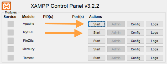 XAMPP configuration panel