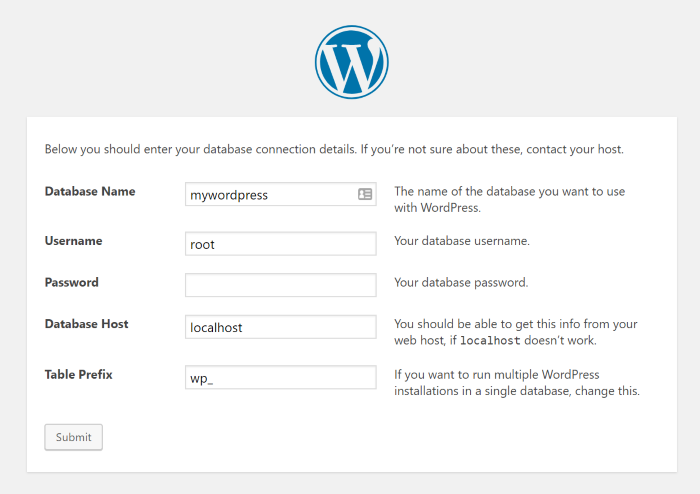 WordPress database connection details