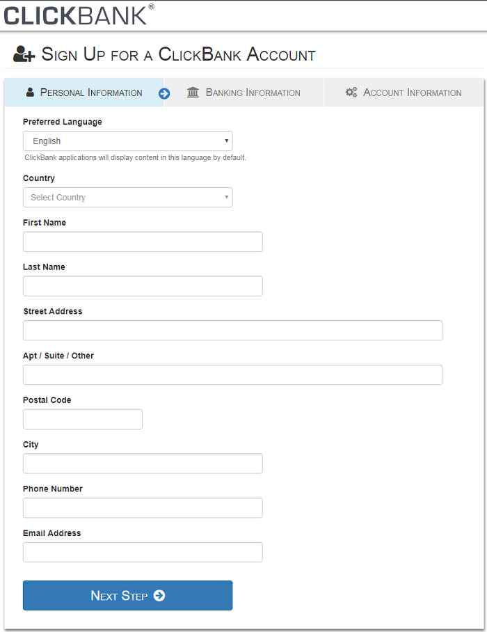 ClickBank Account signup step 1