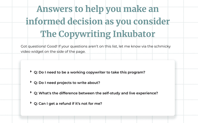 Copywriting incubator FAQ section