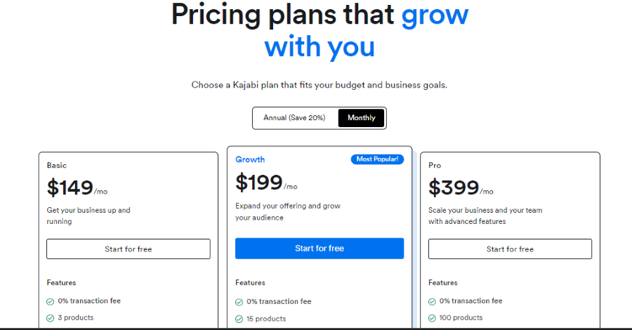 Kajabi online course platform pricing page