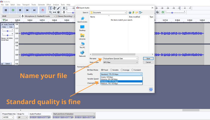 podcast audacity name file
