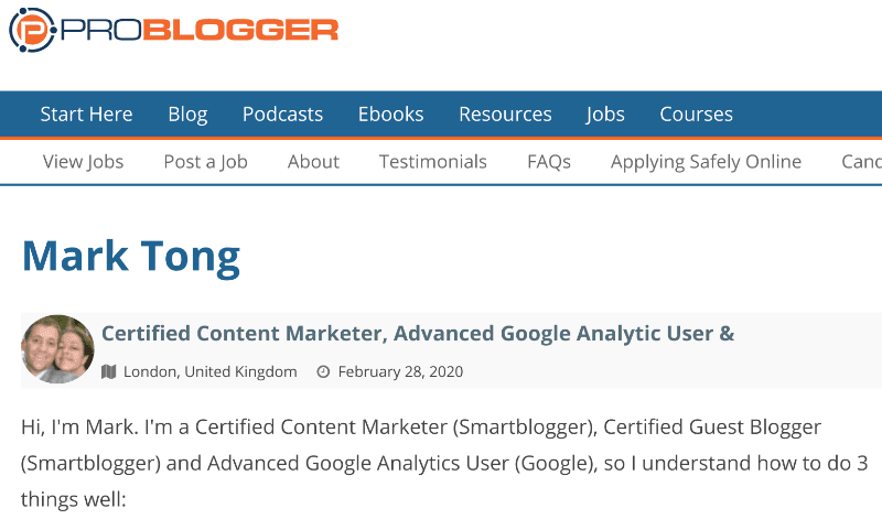 Problogger resume for Mark Tong