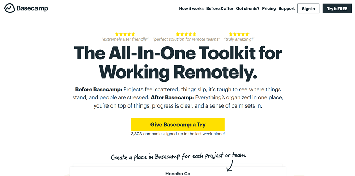Screenshot of Basecamp homepage