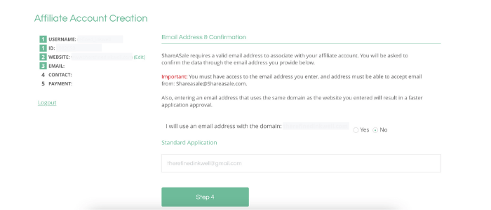 Screenshot shareAsale account creation: Email Address & Confirmation