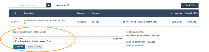 Screenshot ShareAsale Copy and Paste HTML Code