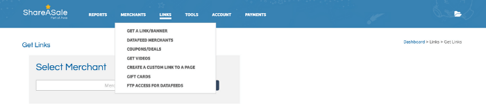 Screenshot ShareASale "Links" menu