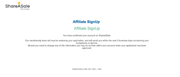 Screenshot shareAsale account creation: Account Confirmation message