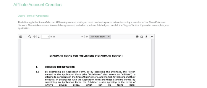 Screenshot shareAsale account creation: Terms Agreement