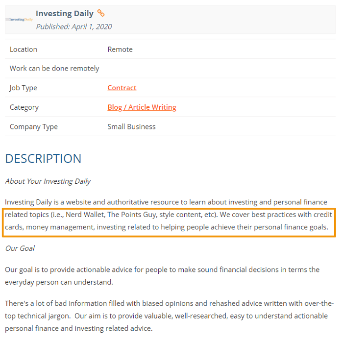 writing sample job ad screenshot finance blog